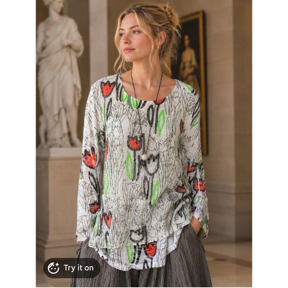 Jess And Jane Women’s Floral Top Long Sleeve XL Artsy Bohemian Indie Hippie Chic
